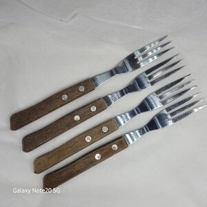 4 - 3 Prong Forks Stainless Steel Made In Japan Wood Handle Vintage Flatware